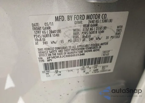 2011 Ford Edge Sel z USA, uszkodzony, nr VIN 2FMDK3JC8BBB25346